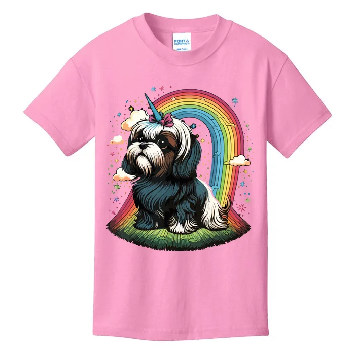 Shih Tzu Unicorn On Rainbow Unicorn Shih Tzu Kids T-Shirt