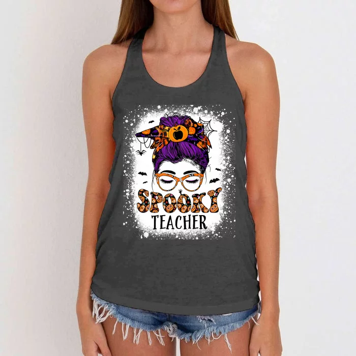 Spooky Teacher Women Messy Bun Bleached Halloween Teachers Women's Knotted Racerback Tank