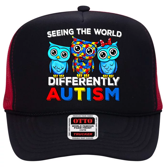 Seeing The World Differently Autism Owl Gift High Crown Mesh Trucker Hat