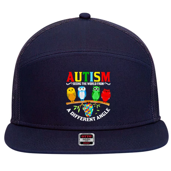 Seeing The World From Different Angle Owl Autism Awareness Gift 7 Panel Mesh Trucker Snapback Hat