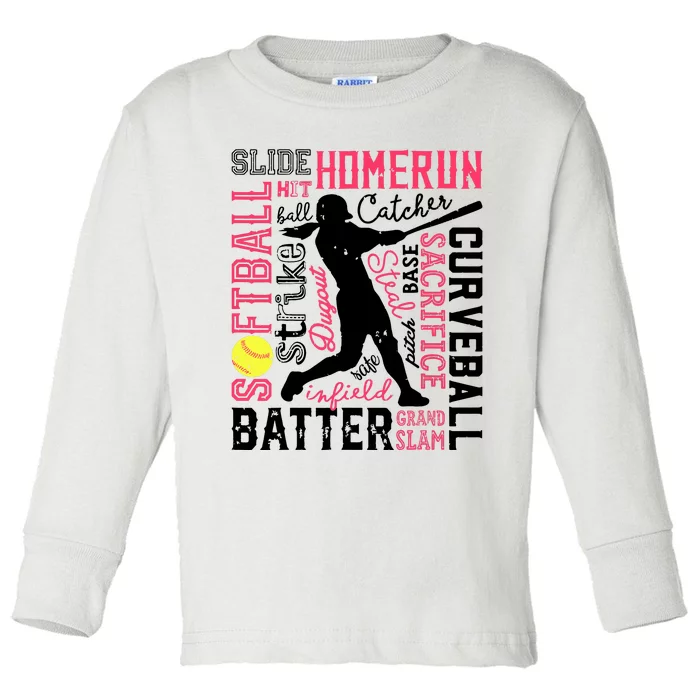 Softball Typography Word Art Funny Batter Pitcher Catcher Toddler Long Sleeve Shirt