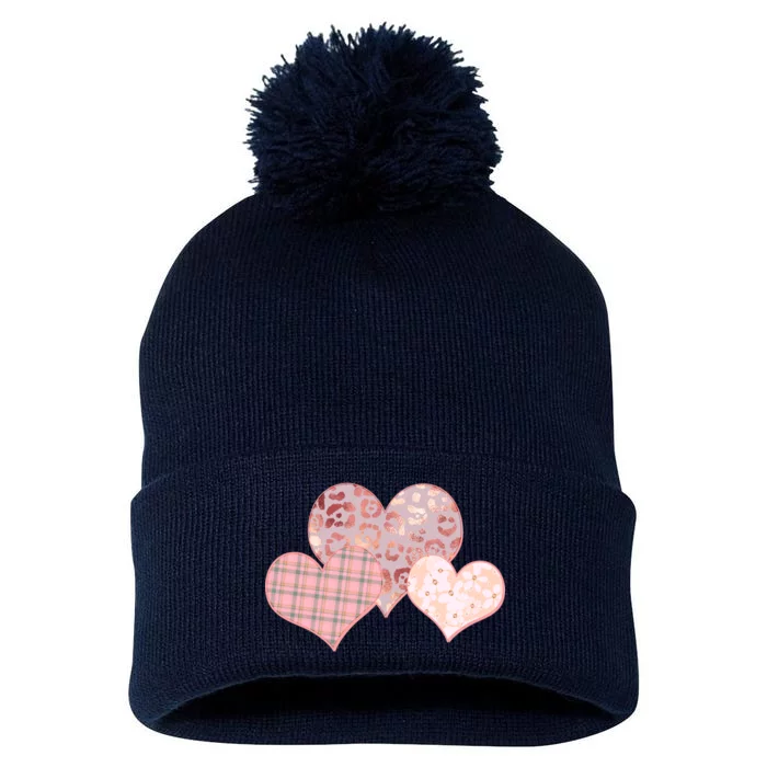 Stylish Pattern Hearts Pom Pom 12in Knit Beanie