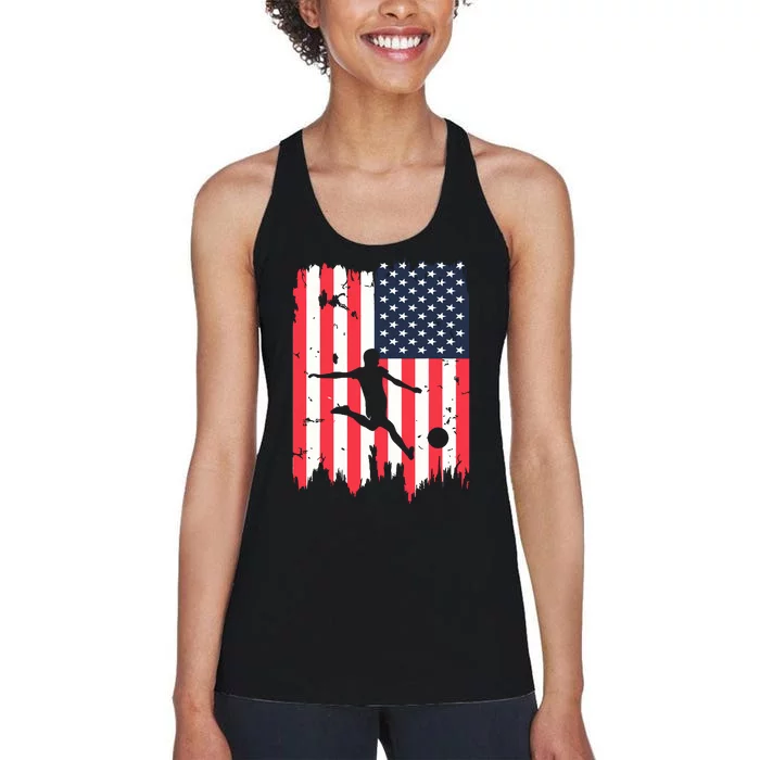 Soccer Usa American Flag 4th Of July Patriotic Sports Women's Racerback Tank