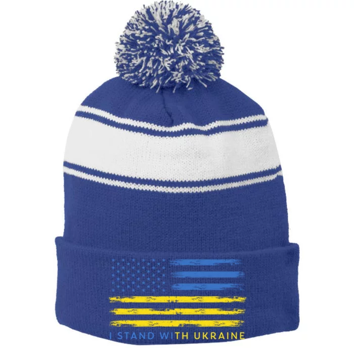 Support Ukrainian American Flag I Stand With Ukraine Meaningful Gift Stripe Pom Pom Beanie