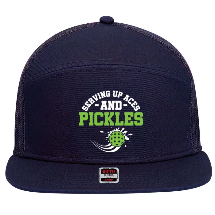 Serving Up Aces And Pickles Pickleball Player Dink Funny Gift 7 Panel Mesh Trucker Snapback Hat