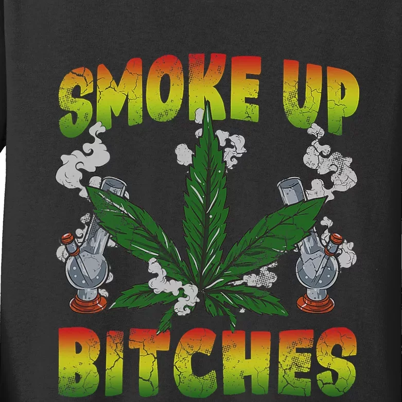 Smoke Up Bitches Marijuana Pot Leaf Weed 420 Stoner Day Kids Long Sleeve Shirt