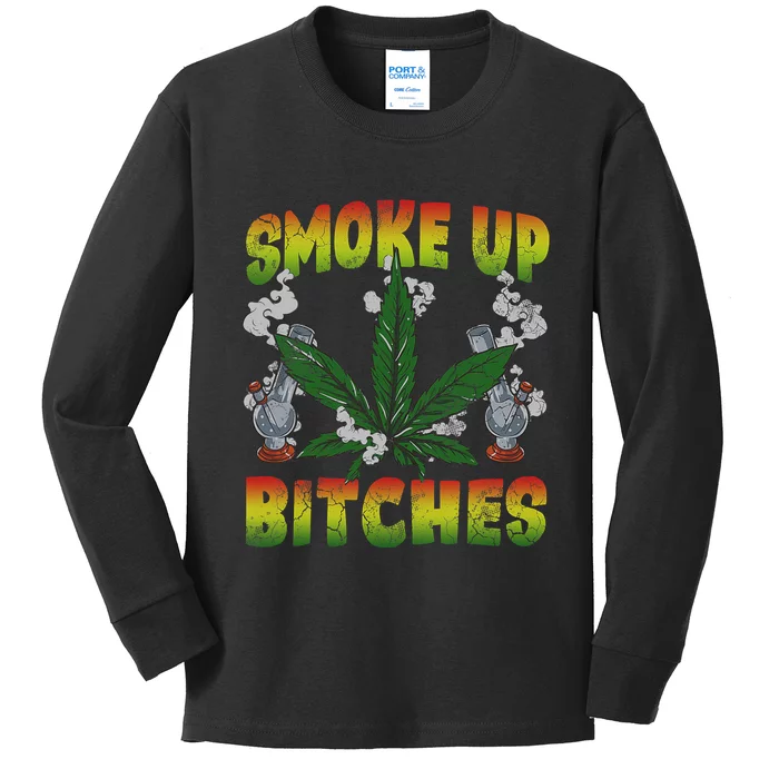 Smoke Up Bitches Marijuana Pot Leaf Weed 420 Stoner Day Kids Long Sleeve Shirt