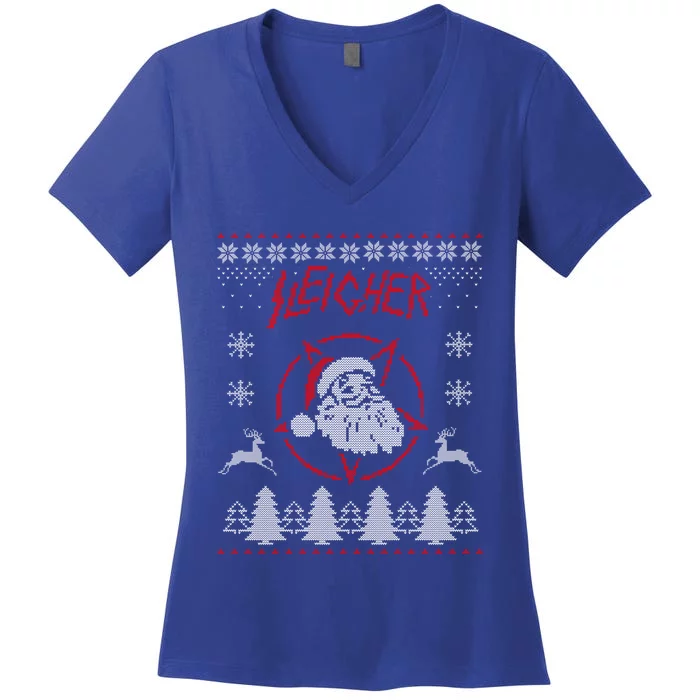 Sleigher Ugly Christmas Graphic Santa Metal Print Gift Women's V-Neck T-Shirt