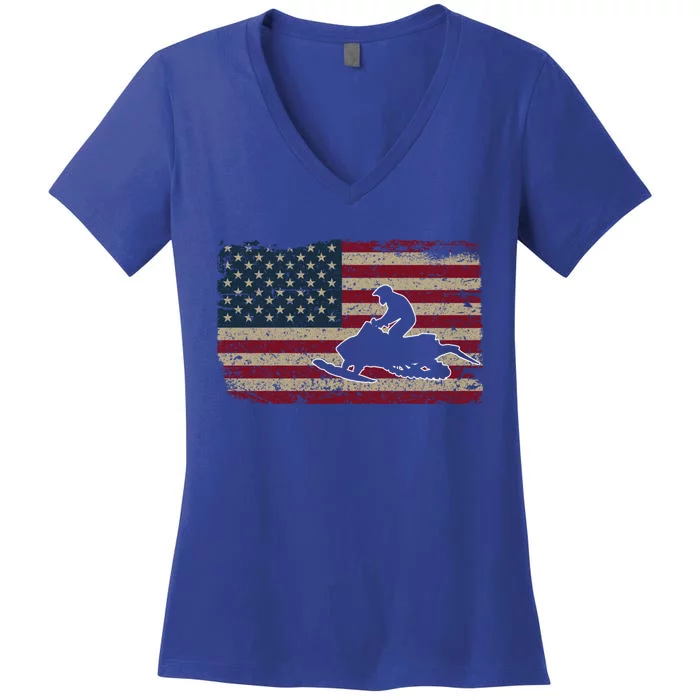 Snowmobile Usa Flag Snow Sled Patriotic Snowmobiling Gift Women's V-Neck T-Shirt