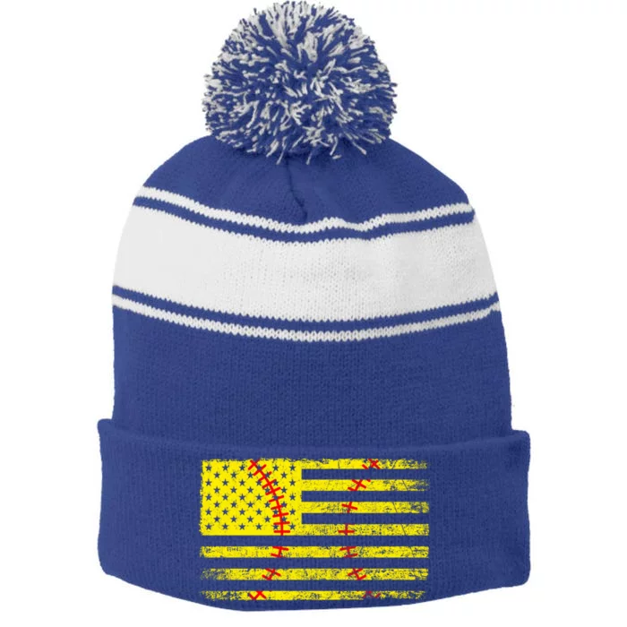 Softball Usa Flag Of America American Softball Vintage Gift Funny Gift Stripe Pom Pom Beanie