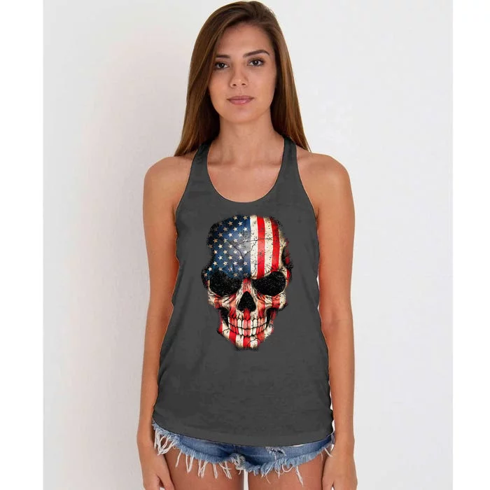 Skull USA Flag 4th of July American Patriotic Women's Knotted Racerback Tank