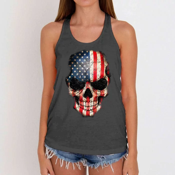 Skull USA Flag 4th of July American Patriotic Women's Knotted Racerback Tank