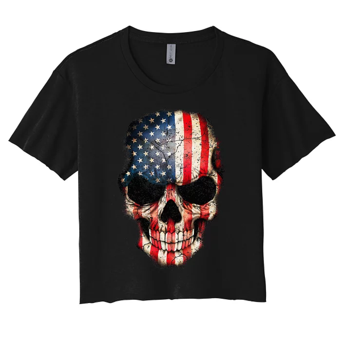 Skull USA Flag 4th of July American Patriotic Women's Crop Top Tee