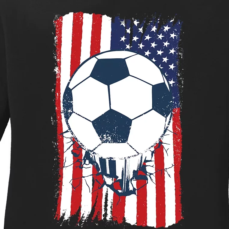 Soccer USA Flag Shirt, Soccer Ball Graphic Ladies Long Sleeve Shirt