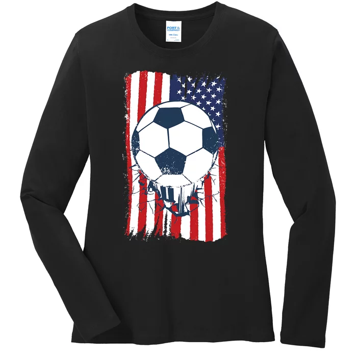 Soccer USA Flag Shirt, Soccer Ball Graphic Ladies Long Sleeve Shirt