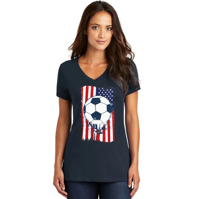 Soccer USA Flag Soccer Ball Graphic Women's V-Neck T-Shirt