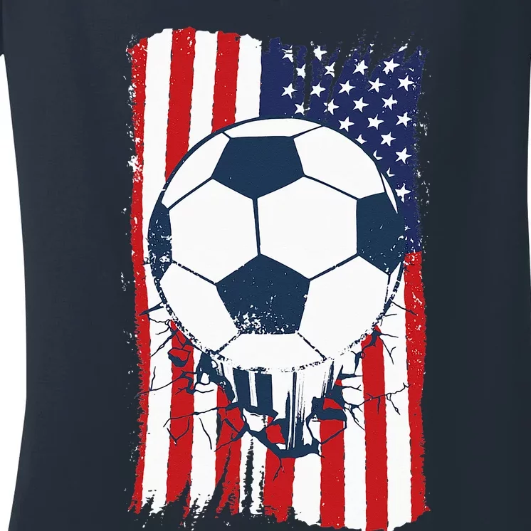 Soccer USA Flag Soccer Ball Graphic Women's V-Neck T-Shirt