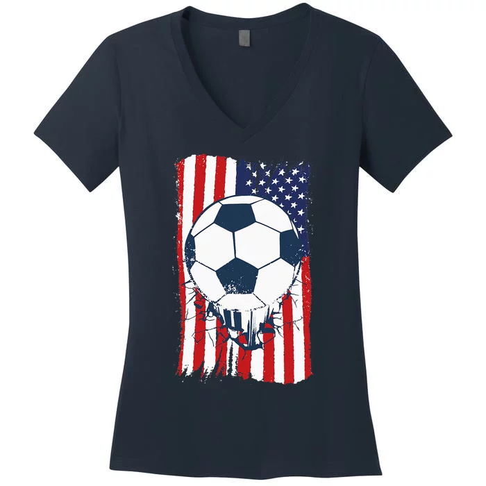 Soccer USA Flag Soccer Ball Graphic Women's V-Neck T-Shirt