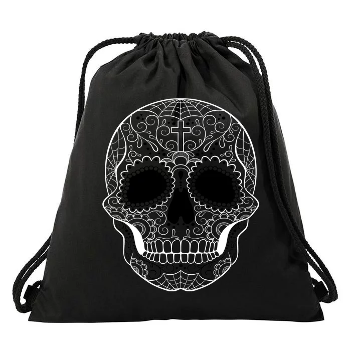 Sugar Skull Black & White Day of the Dead Drawstring Bag