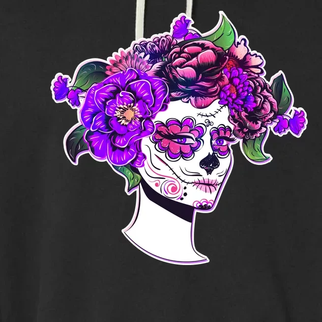 Sugar Skull Flower Girl Garment-Dyed Fleece Hoodie