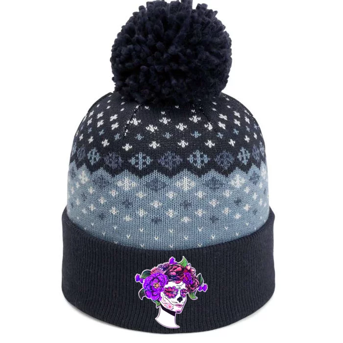 Sugar Skull Flower Girl The Baniff Cuffed Pom Beanie