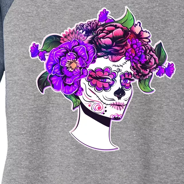 Sugar Skull Flower Girl Women's Tri-Blend 3/4-Sleeve Raglan Shirt