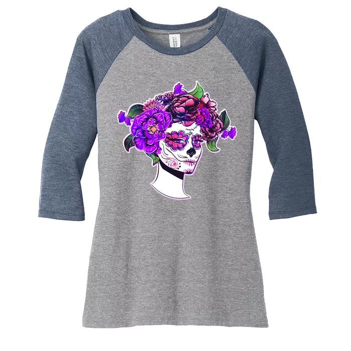 Sugar Skull Flower Girl Women's Tri-Blend 3/4-Sleeve Raglan Shirt