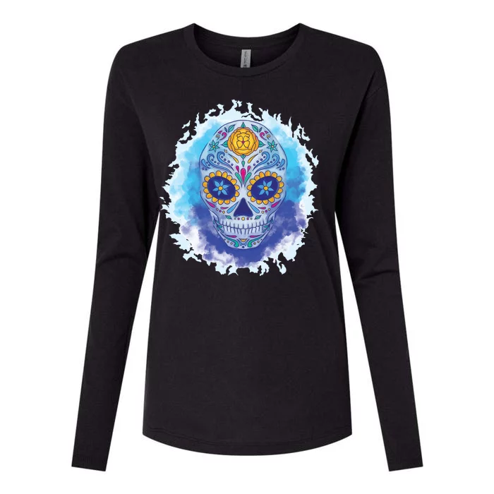 Sugar Skull Watercolor Womens Cotton Relaxed Long Sleeve T-Shirt