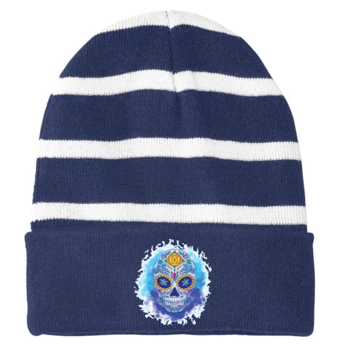 Sugar Skull Watercolor Striped Beanie with Solid Band