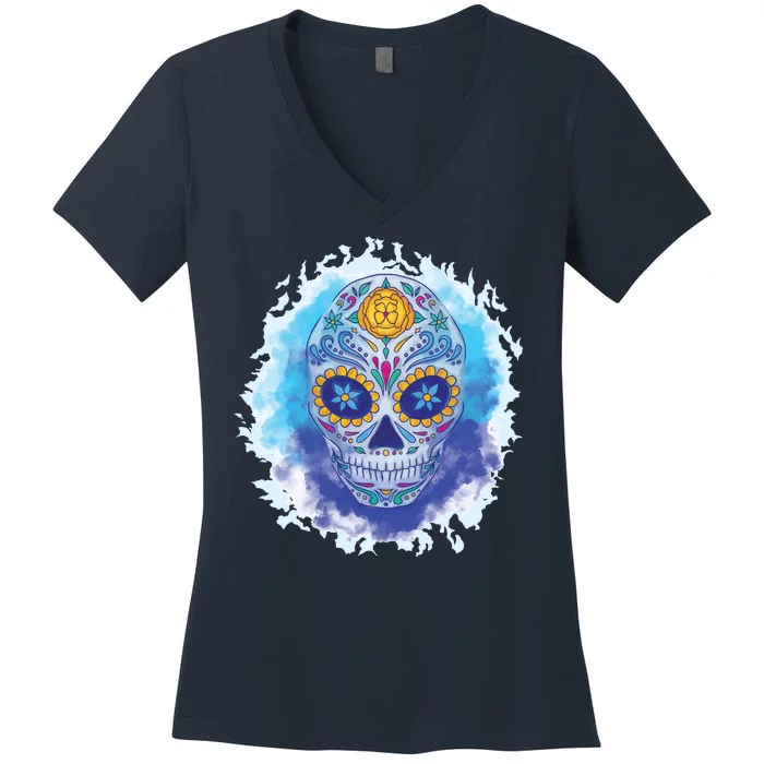 Sugar Skull Watercolor Women's V-Neck T-Shirt