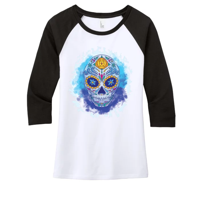 Sugar Skull Watercolor Women's Tri-Blend 3/4-Sleeve Raglan Shirt