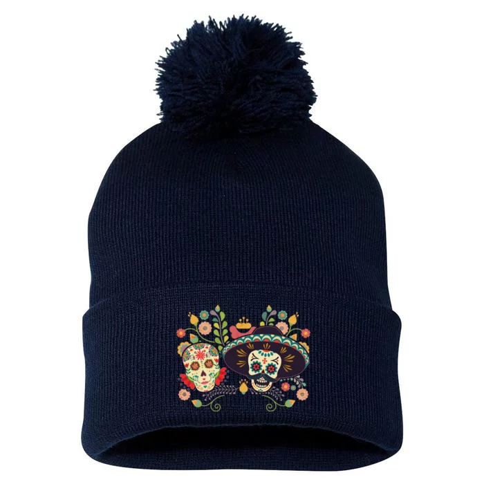 Sugar Skulls Day of the Dead Pom Pom 12in Knit Beanie