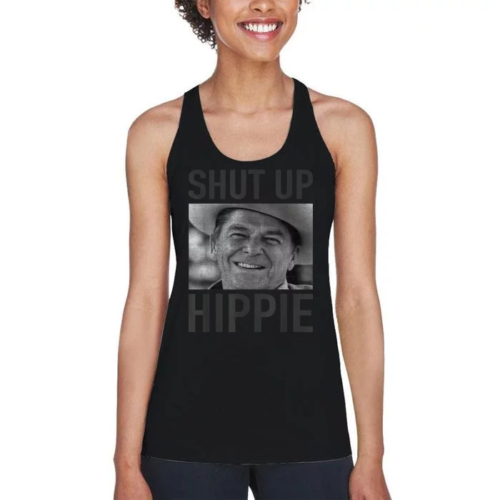 Shut Up Hippie Ronald Reagan Anti Liberal Republican Women's Racerback Tank