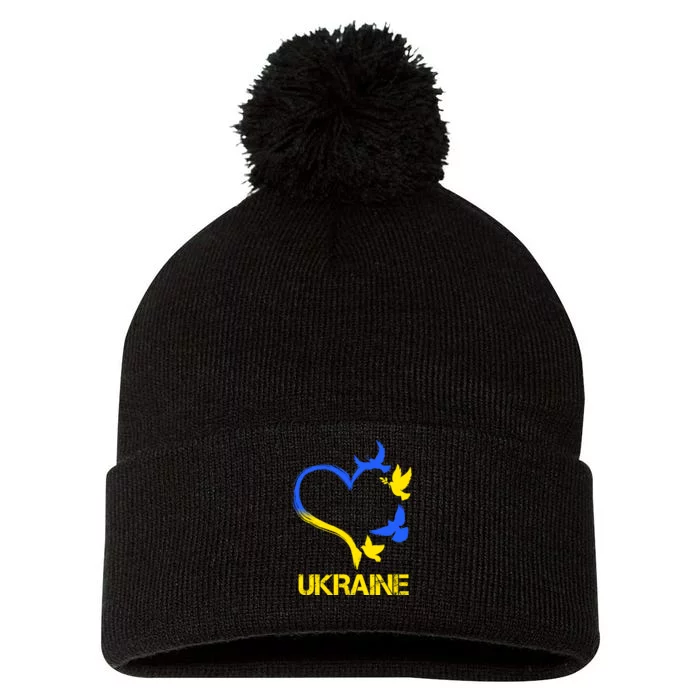 Support Ukraine Heart Doves Pom Pom 12in Knit Beanie