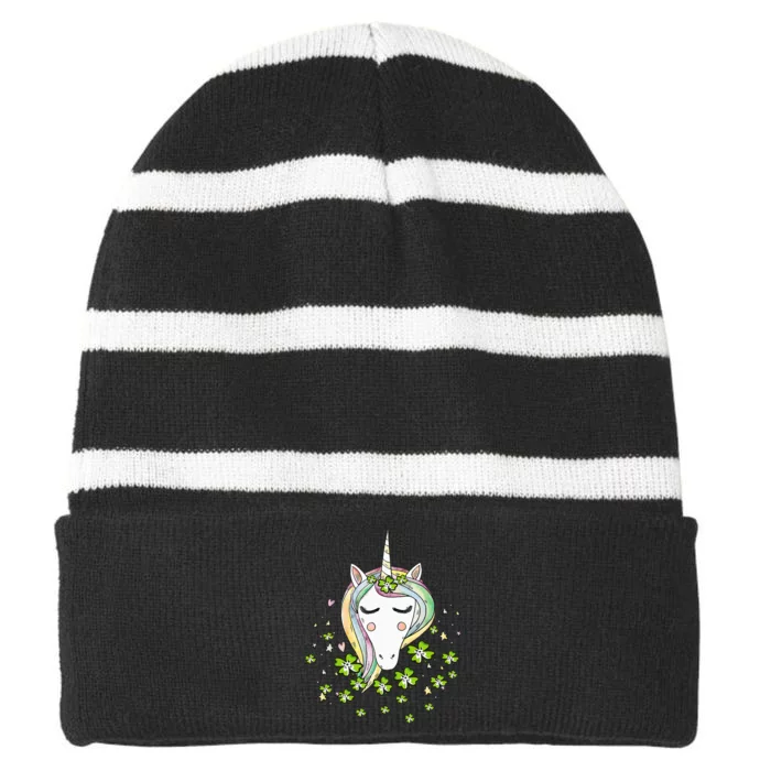 Shamrock Unicorn Irish Cool Green St Patricks Day shamrock Striped Beanie with Solid Band