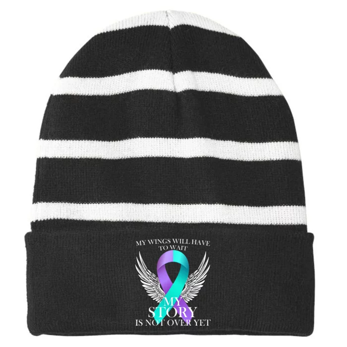 Suicide Prevention Angel Wings Ribbon Striped Beanie with Solid Band