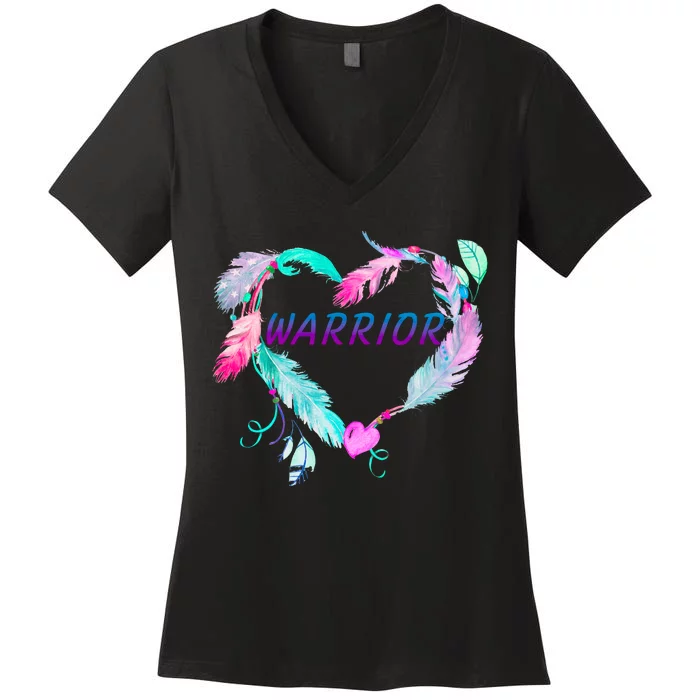 Suicide Prevention Warrior Feather Heart Support Women's V-Neck T-Shirt