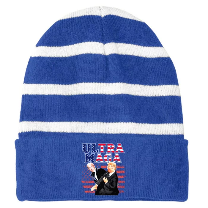 Super Ultra Mega Maga Trump Liberal Supporter Republican Striped Beanie with Solid Band