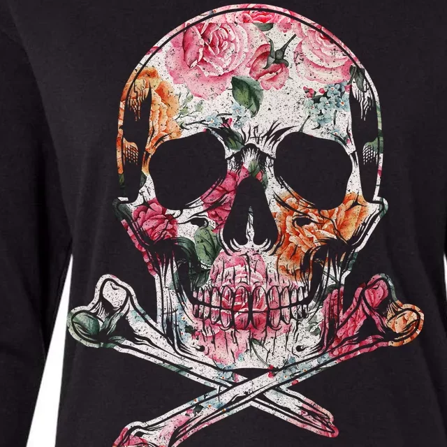 Summer Flower Skull Womens Cotton Relaxed Long Sleeve T-Shirt