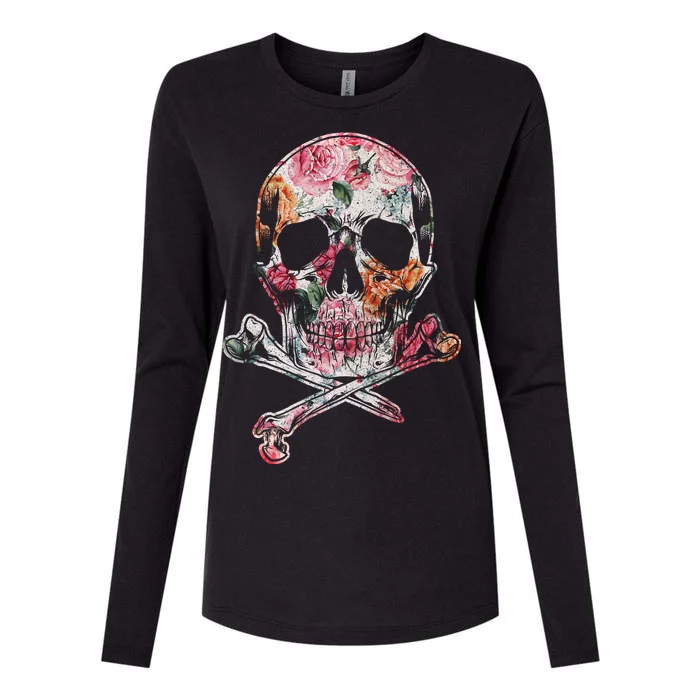 Summer Flower Skull Womens Cotton Relaxed Long Sleeve T-Shirt