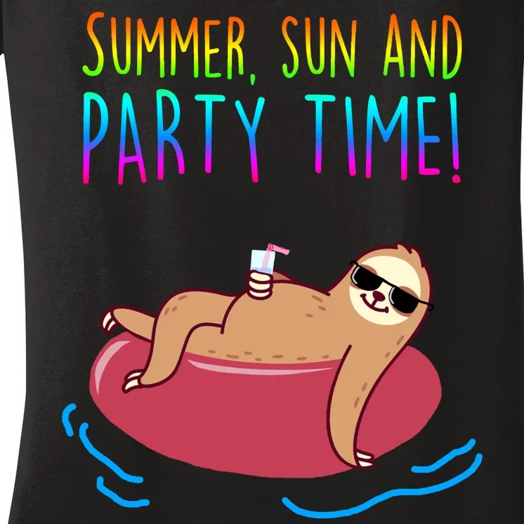 Summer Sun And Party Time Sloth Loungin Women's V-Neck T-Shirt