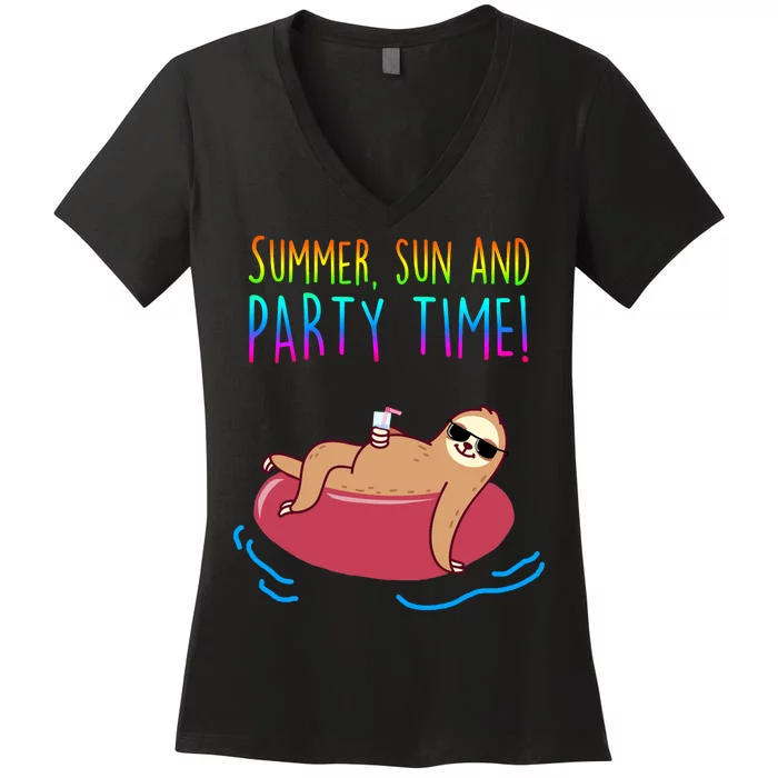 Summer Sun And Party Time Sloth Loungin Women's V-Neck T-Shirt