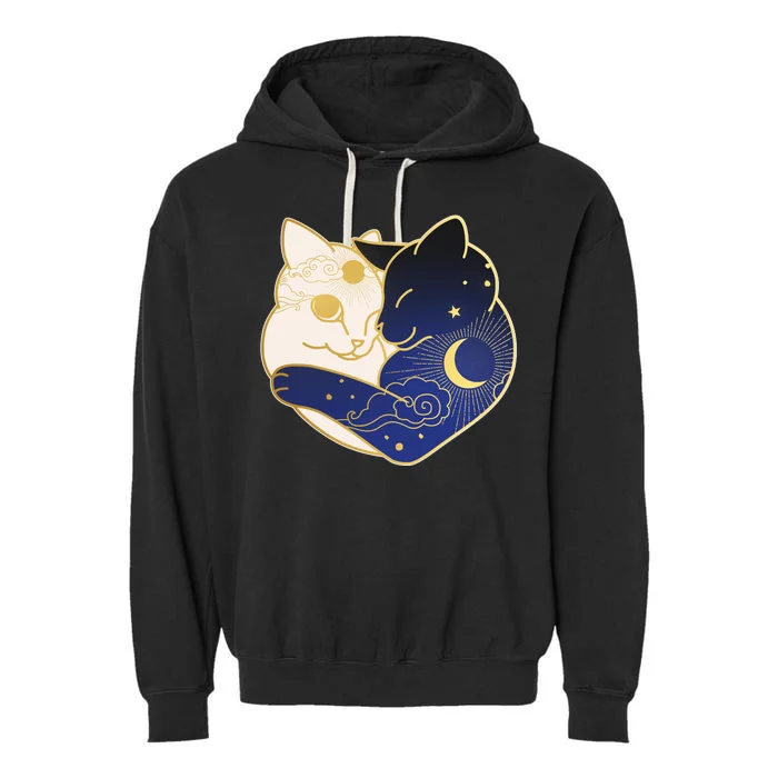 Sun and Moon Yin and Yang Cats Garment-Dyed Fleece Hoodie