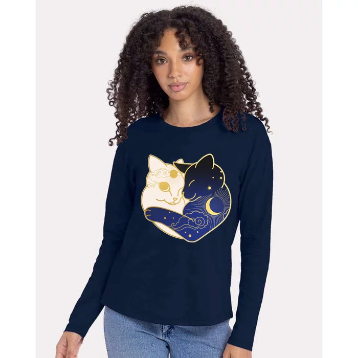 Sun and Moon Yin and Yang Cats Womens Cotton Relaxed Long Sleeve T-Shirt