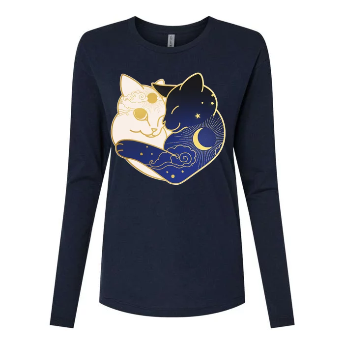 Sun and Moon Yin and Yang Cats Womens Cotton Relaxed Long Sleeve T-Shirt