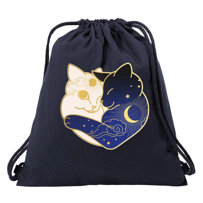 Sun and Moon Yin and Yang Cats Drawstring Bag