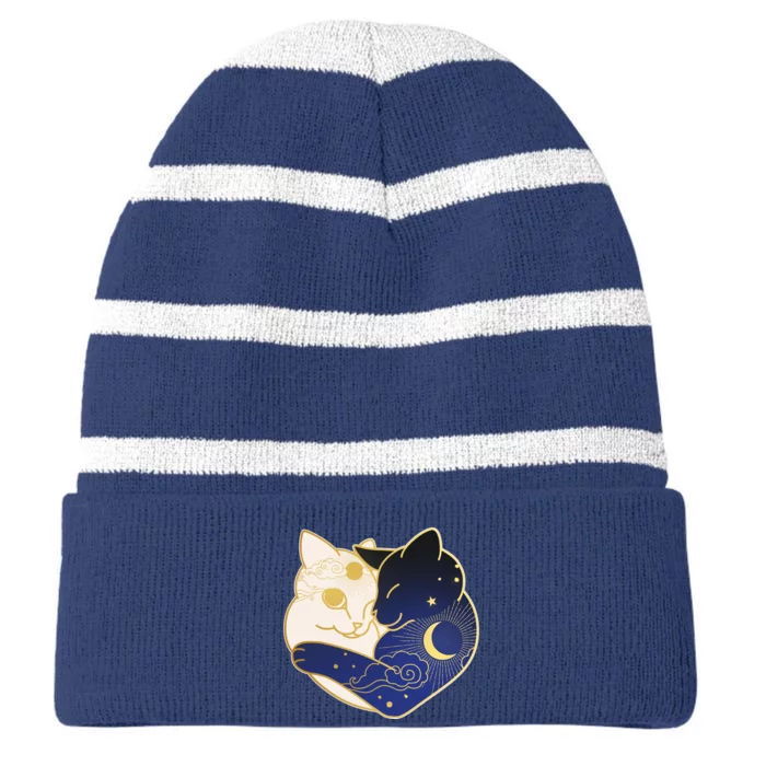 Sun and Moon Yin and Yang Cats Striped Beanie with Solid Band