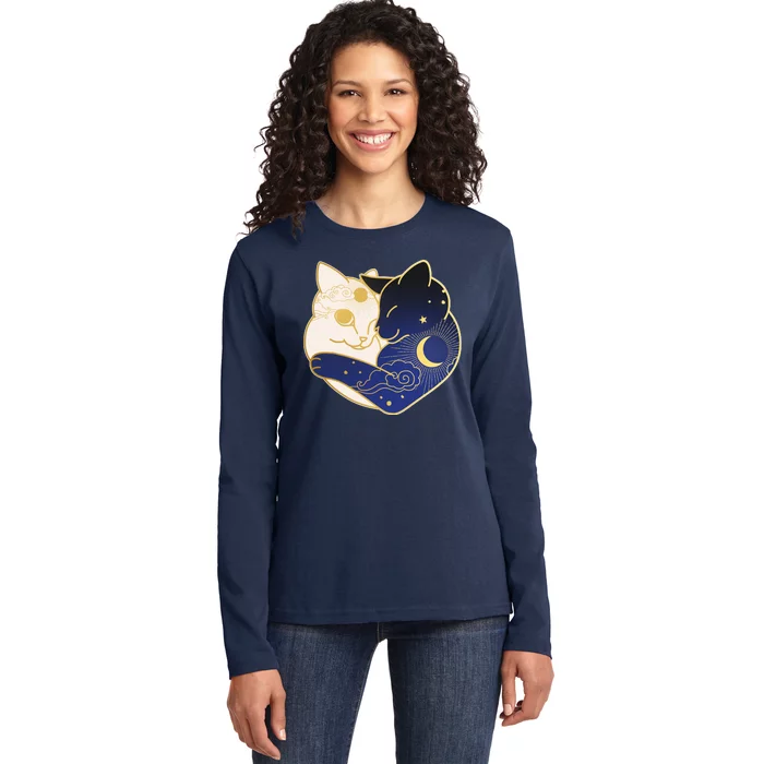 Sun and Moon Yin and Yang Cats Ladies Long Sleeve Shirt