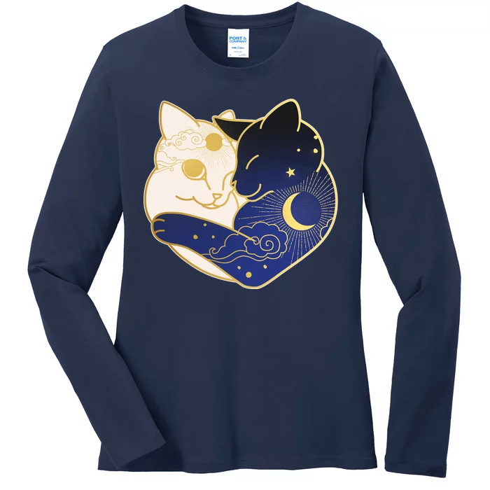 Sun and Moon Yin and Yang Cats Ladies Long Sleeve Shirt