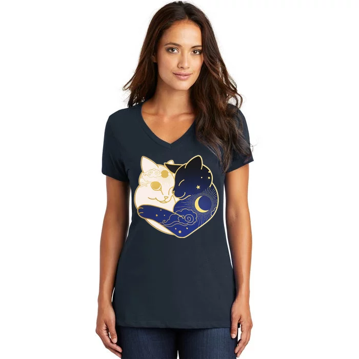 Sun and Moon Yin and Yang Cats Women's V-Neck T-Shirt